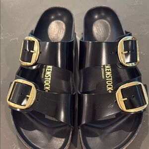 Birkenstock Arizona Big Buckle Black Sandals with Gold Buckles